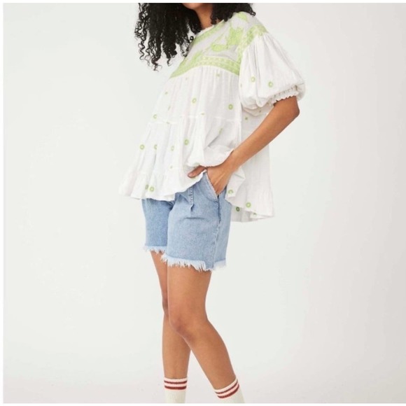 Free People Edie Top Womens White Green Linen Blend Beaded Embroidered M - Picture 12 of 12